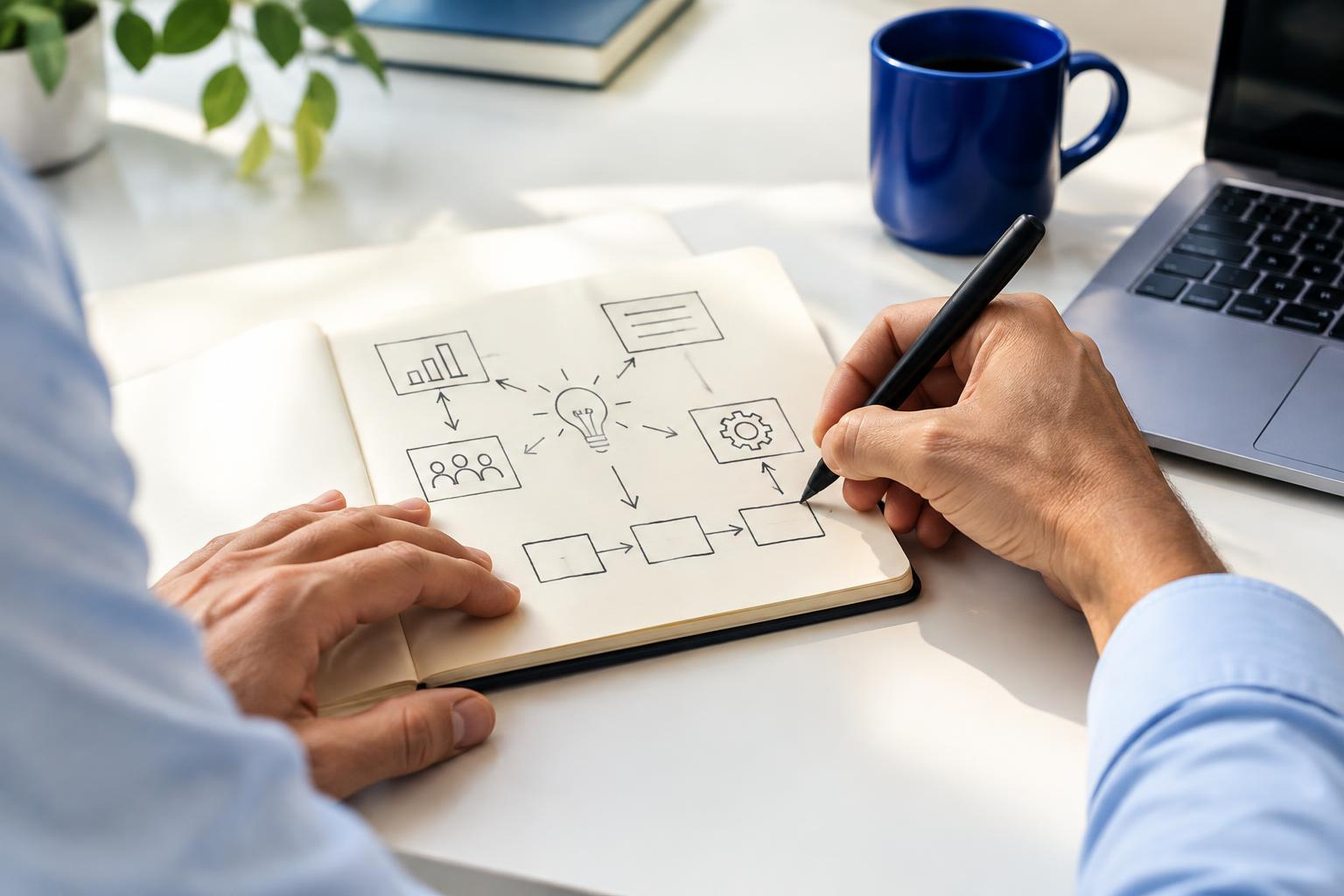 Hands sketching a simple project plan in a notebook beside a laptop