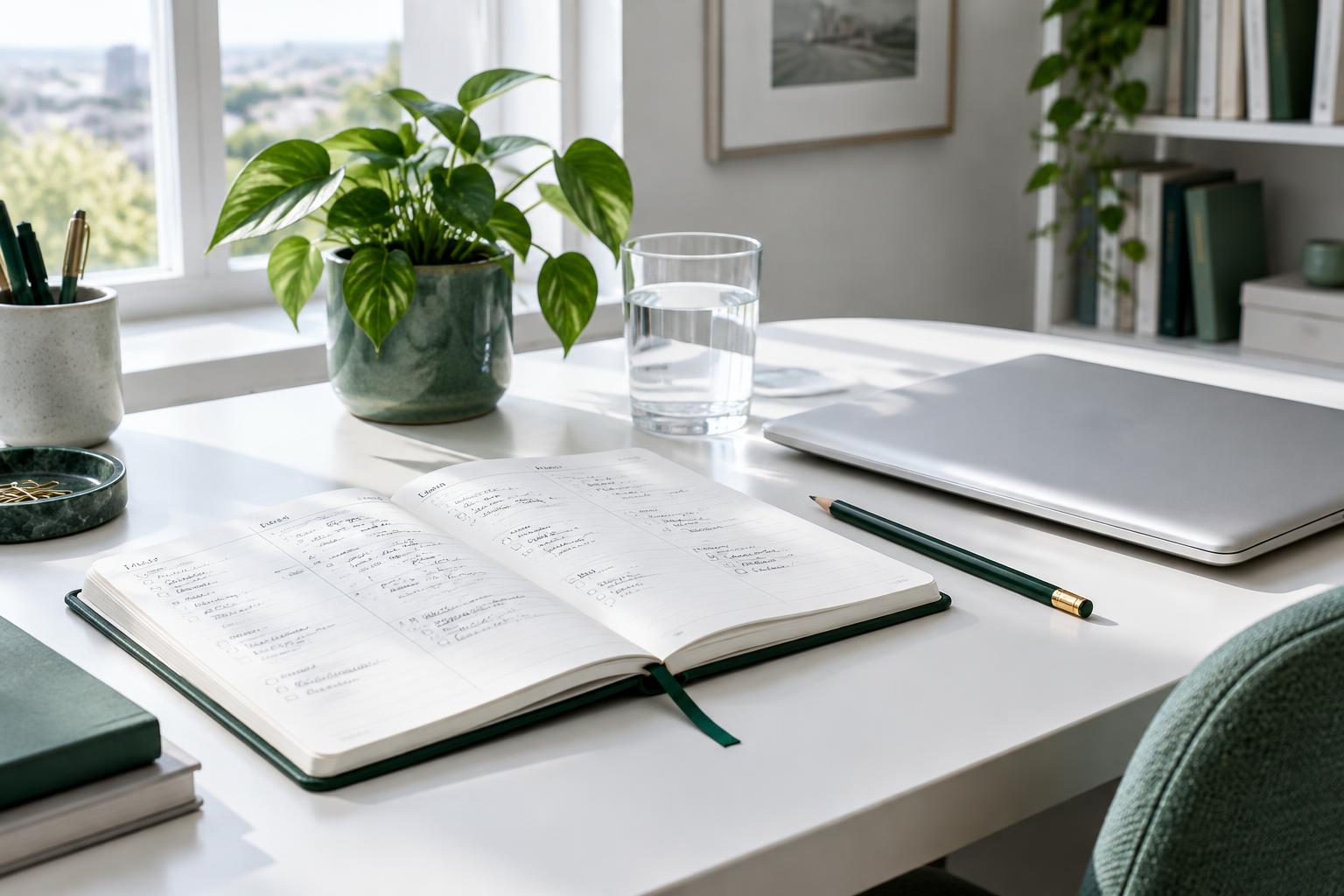 An open weekly planner and green pencil on a clean sunlit desk