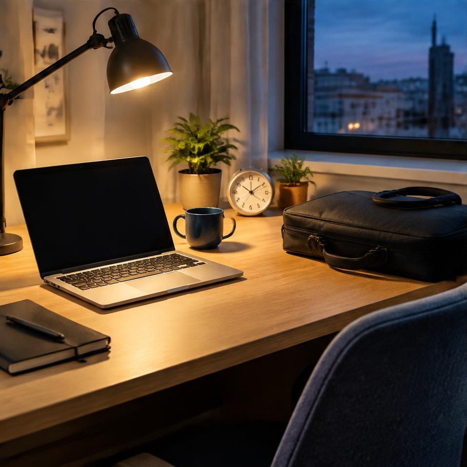 A calm evening desk with a lit lamp, laptop, clock, and work bag