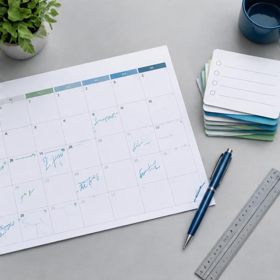 An overhead view of a monthly calendar, planning cards, and a pen