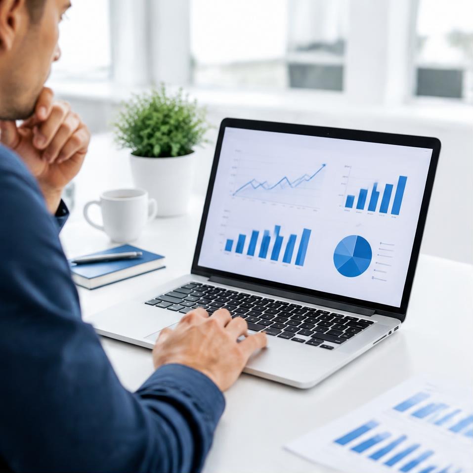 A professional reviewing blue analytics charts on a laptop