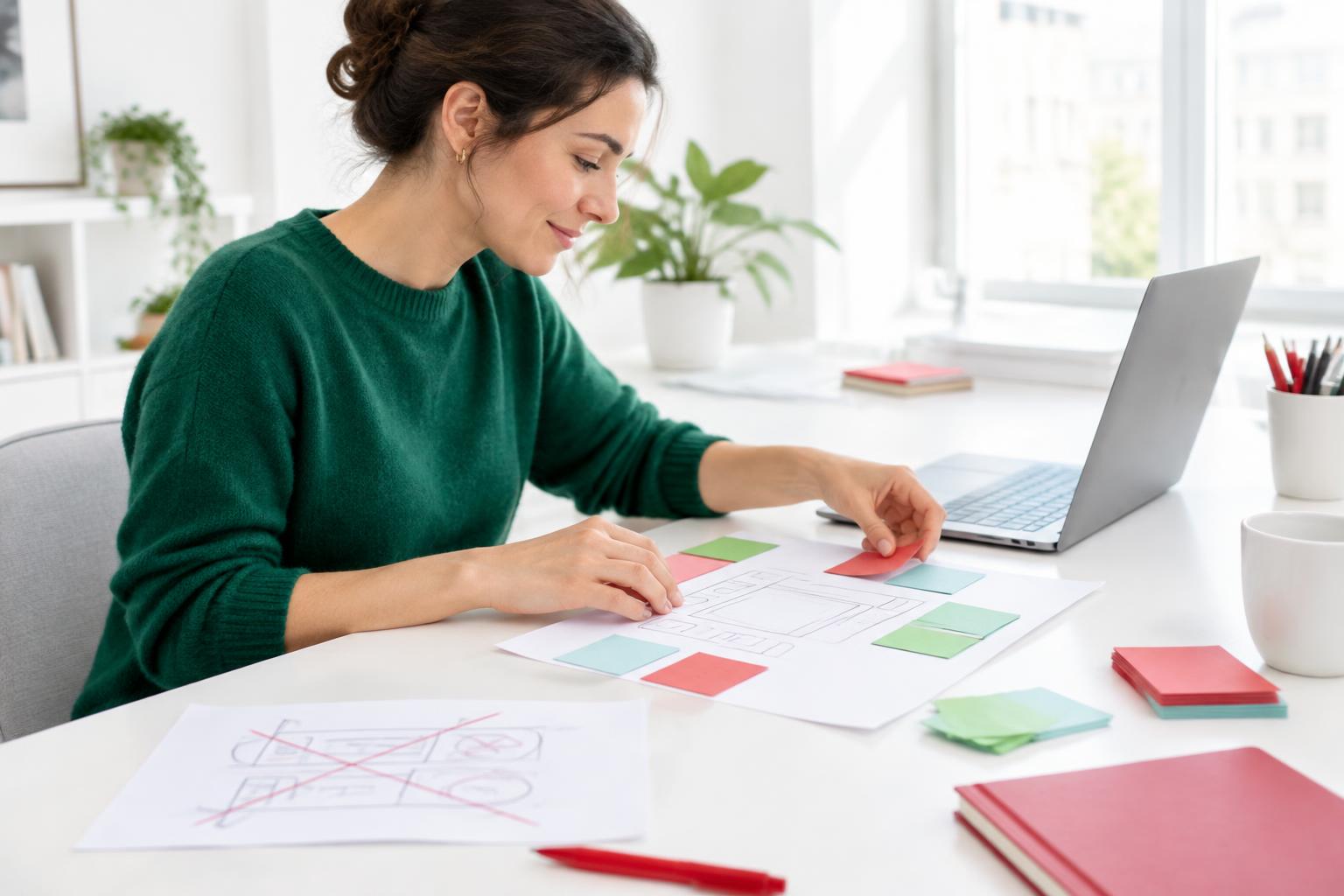 A woman refining a project sketch with colored planning cards at a bright desk
