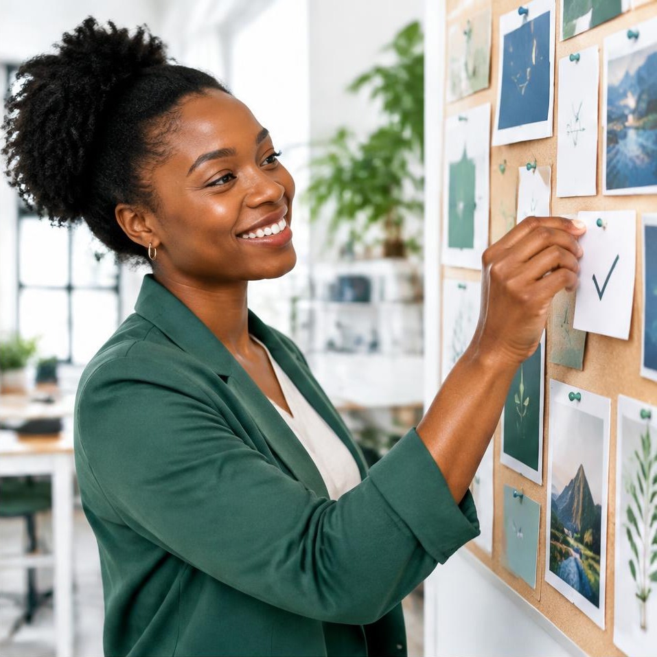A smiling professional pinning a completed task to a studio noticeboard