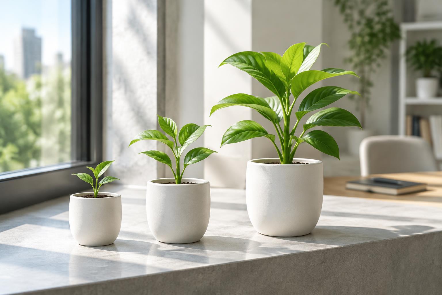 Three green plants at different growth stages on a bright windowsill