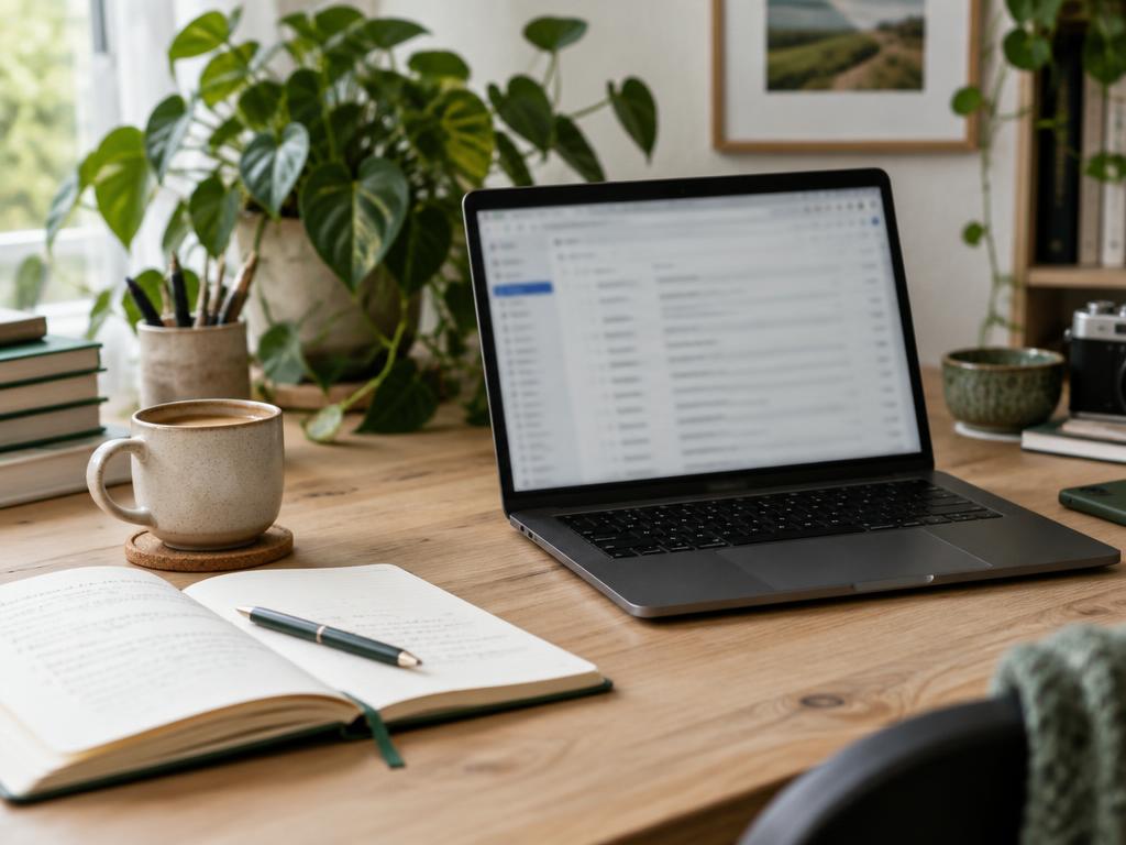 A laptop displaying an email inbox beside a notebook and coffee