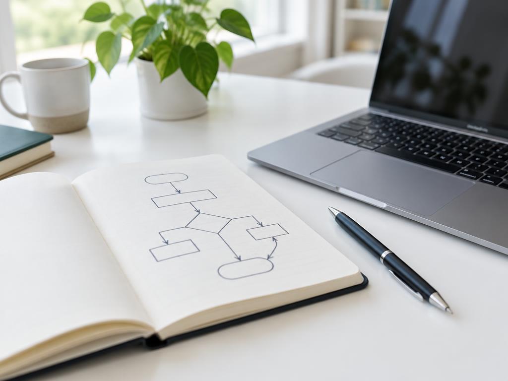 An open notebook with a marketing flowchart beside a laptop