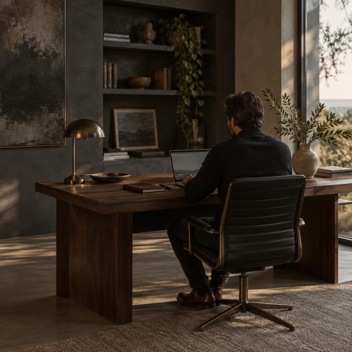 A quiet, premium home office with a walnut desk, brass lamp and olive branches in soft daylight